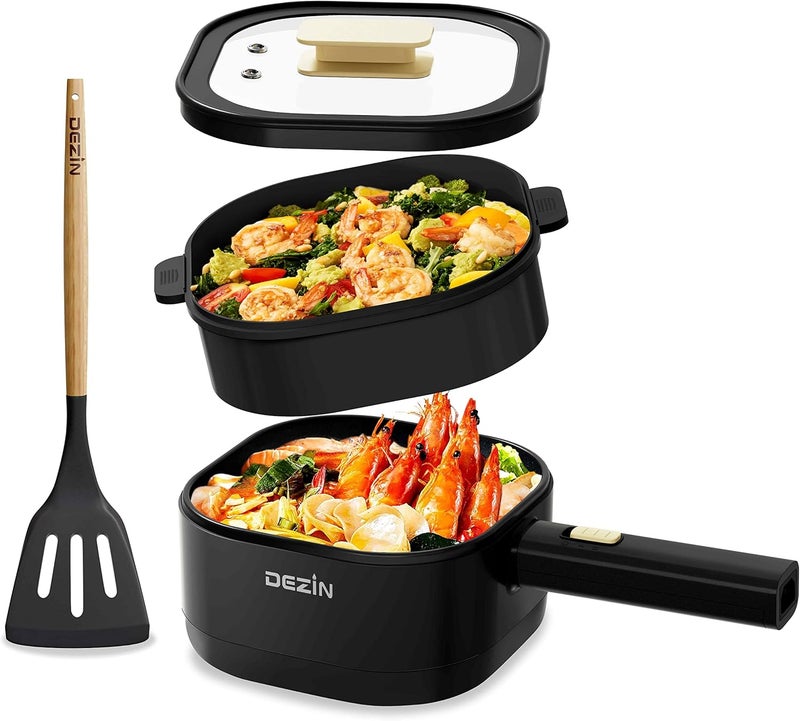 DEZIN 2L Electric Hot Pot with Steamer, Rapid 800W Non-Stick Ceramic Coating Dorm Cooking Pot, Plug in Electric Pan Cooker with Adjustable Power for College Hotel Office(Silicone Spatula Included) - Image 1